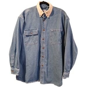 American Blue Denim Long Sleeve Button Up Shirt Mens XL Corduroy Barn Chore Work